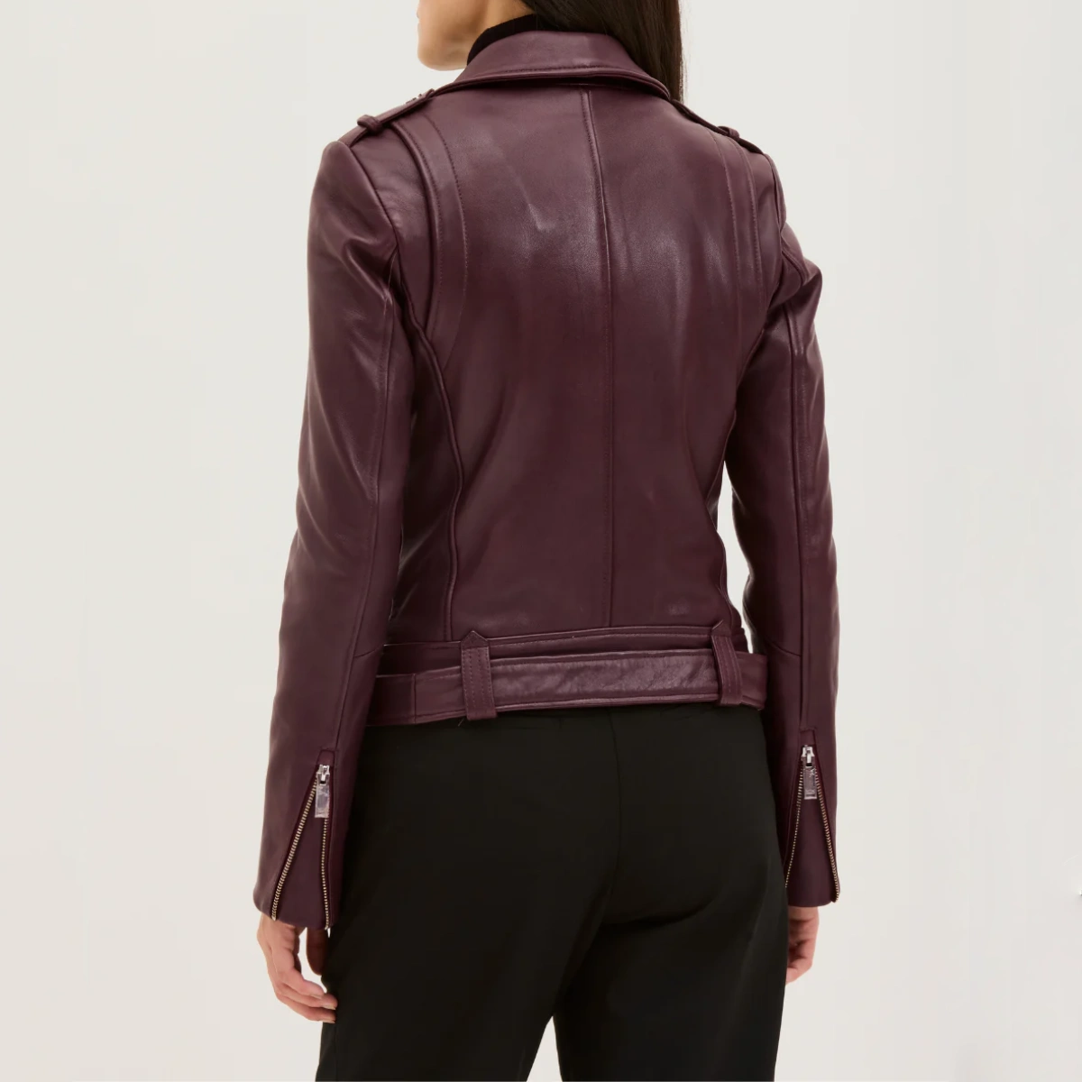 Womens belted burgundy leather jacket