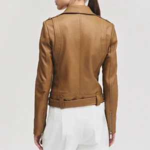 Womens belted caramel biker jacket