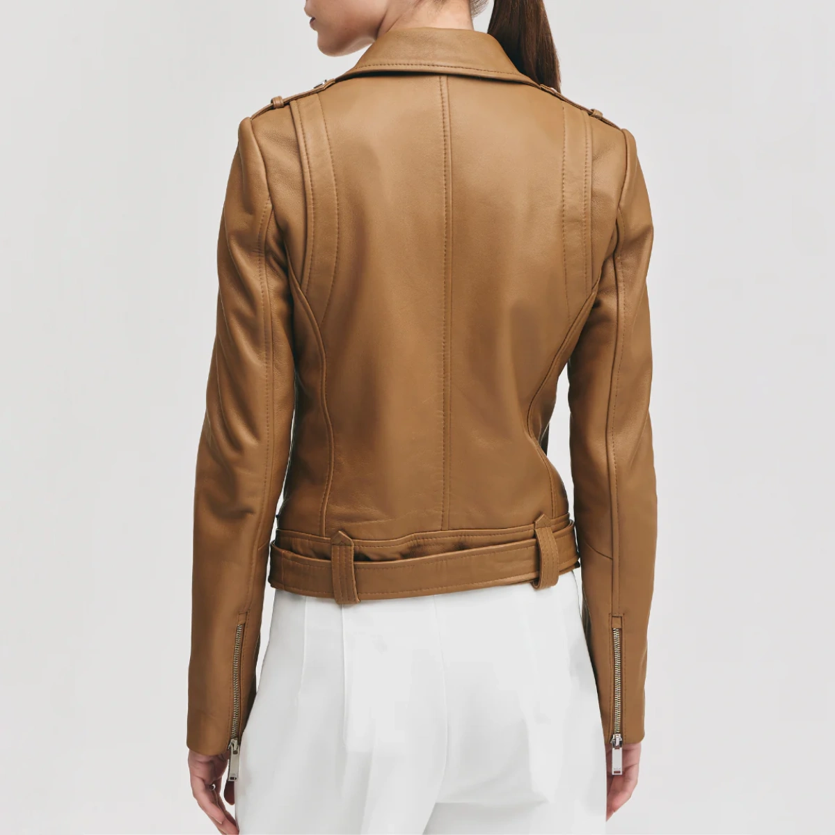 Womens belted caramel biker jacket