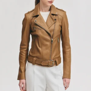 Womens belted caramel leather biker jacket
