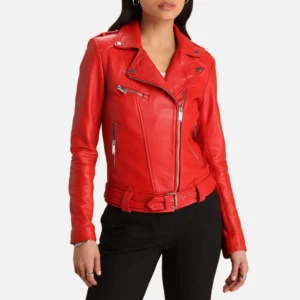 Womens belted red leather biker jacket