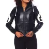 Womens black 8 ball bomber leather jacket 01