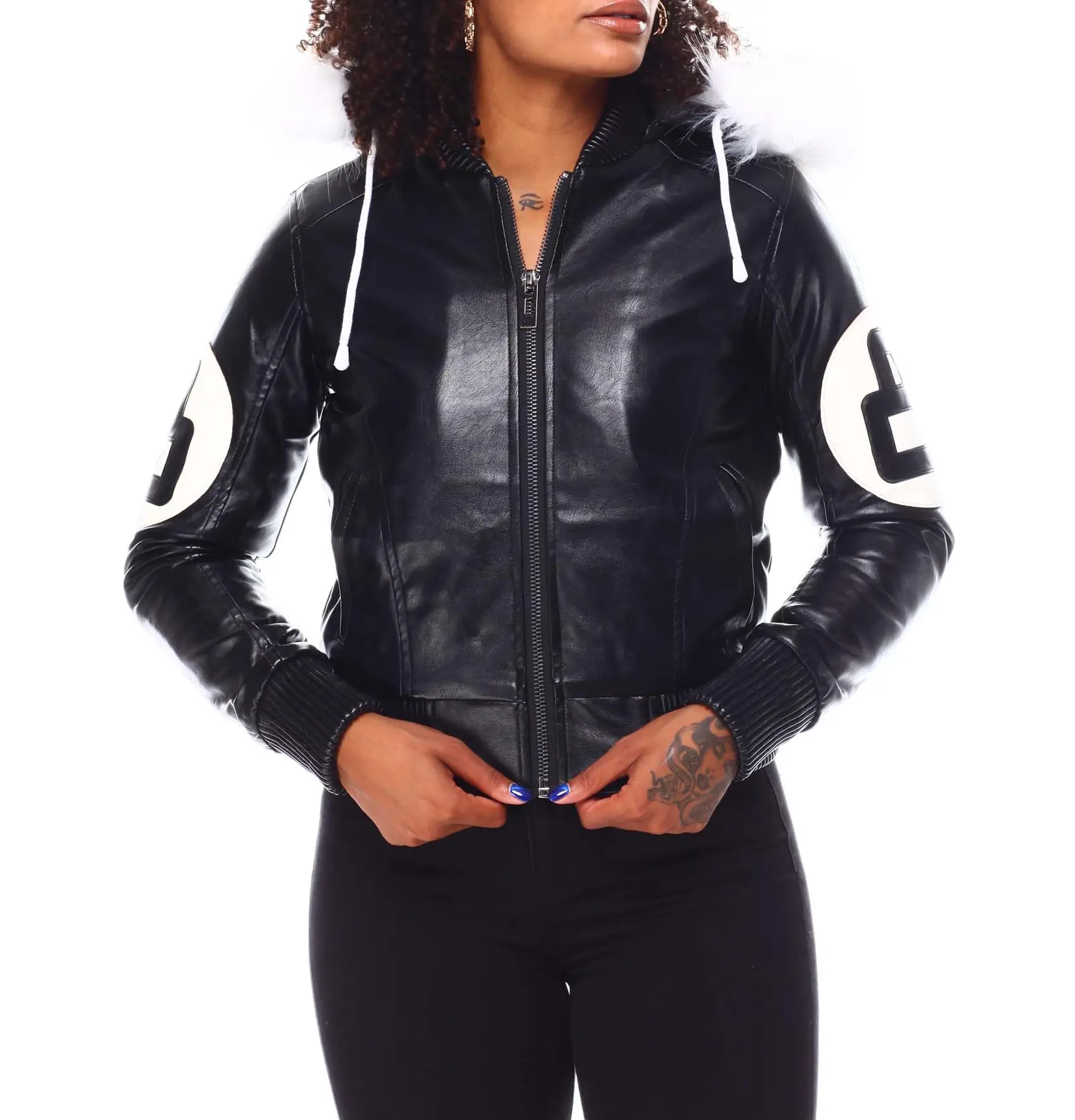 Womens black 8 ball bomber leather jacket 01