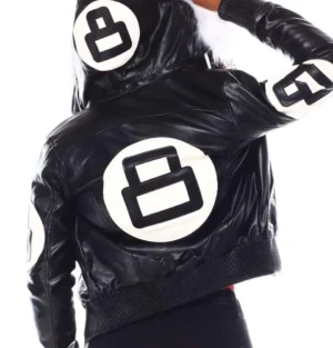 Womens black 8 ball bomber leather jacket 02