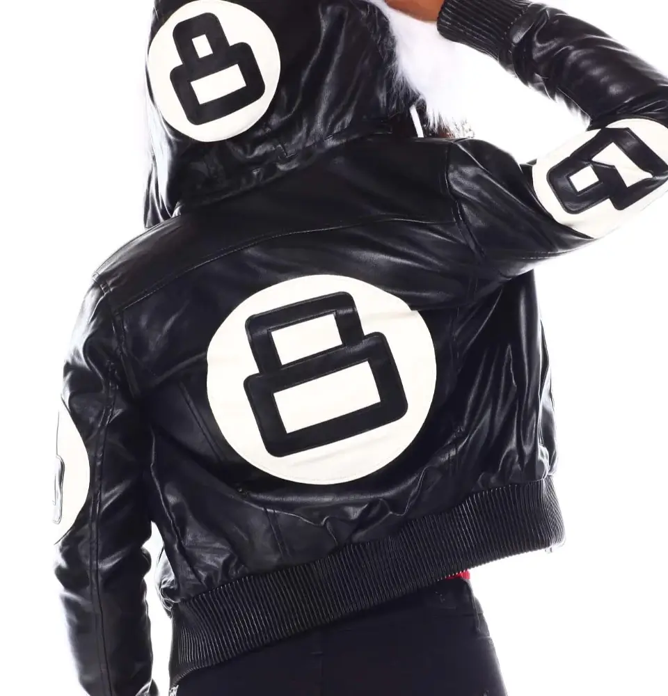 Womens black 8 ball bomber leather jacket 02