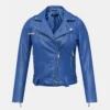 Womens blue leather biker jacket belted