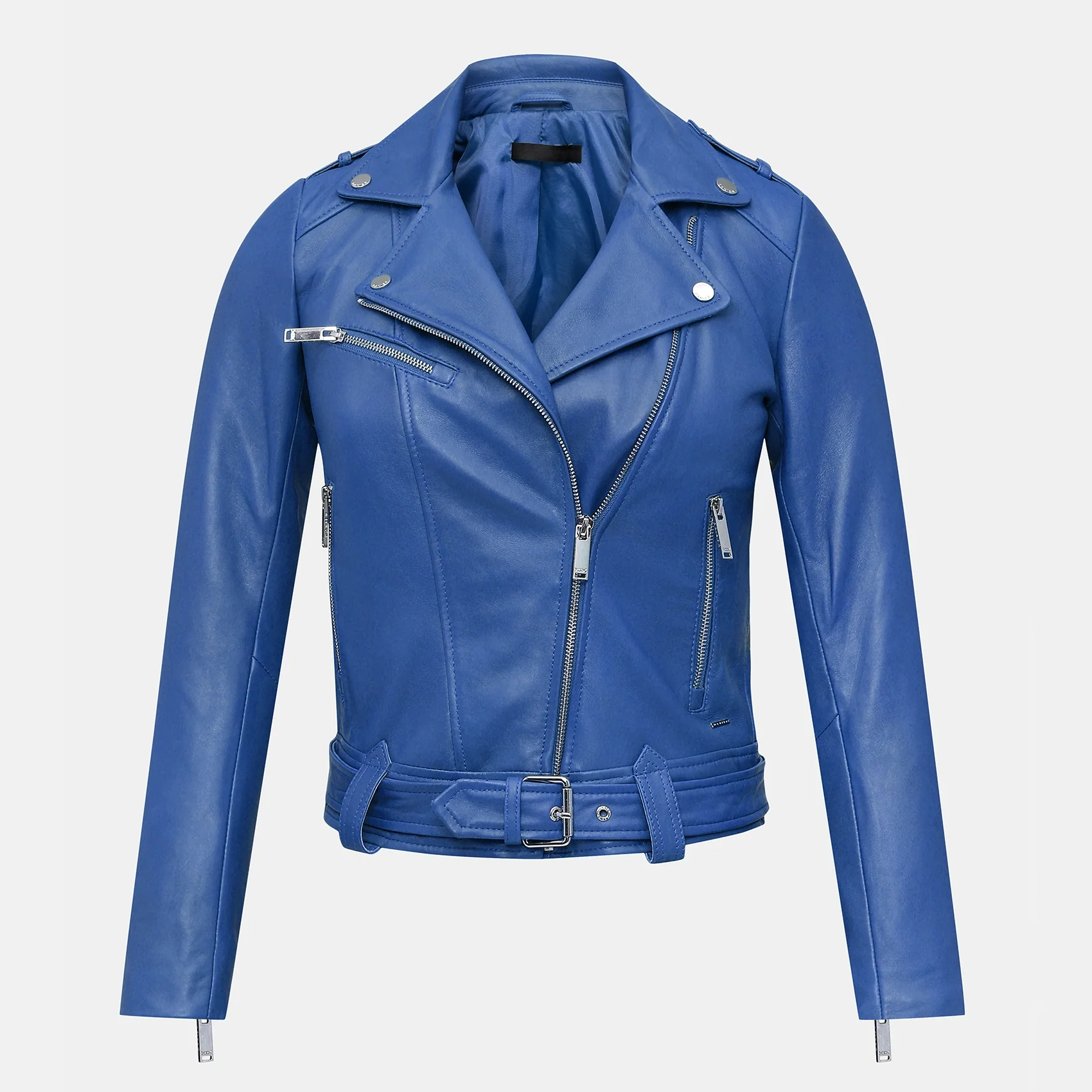 Womens blue leather biker jacket belted