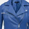 Womens blue leather biker jacket lapel collar