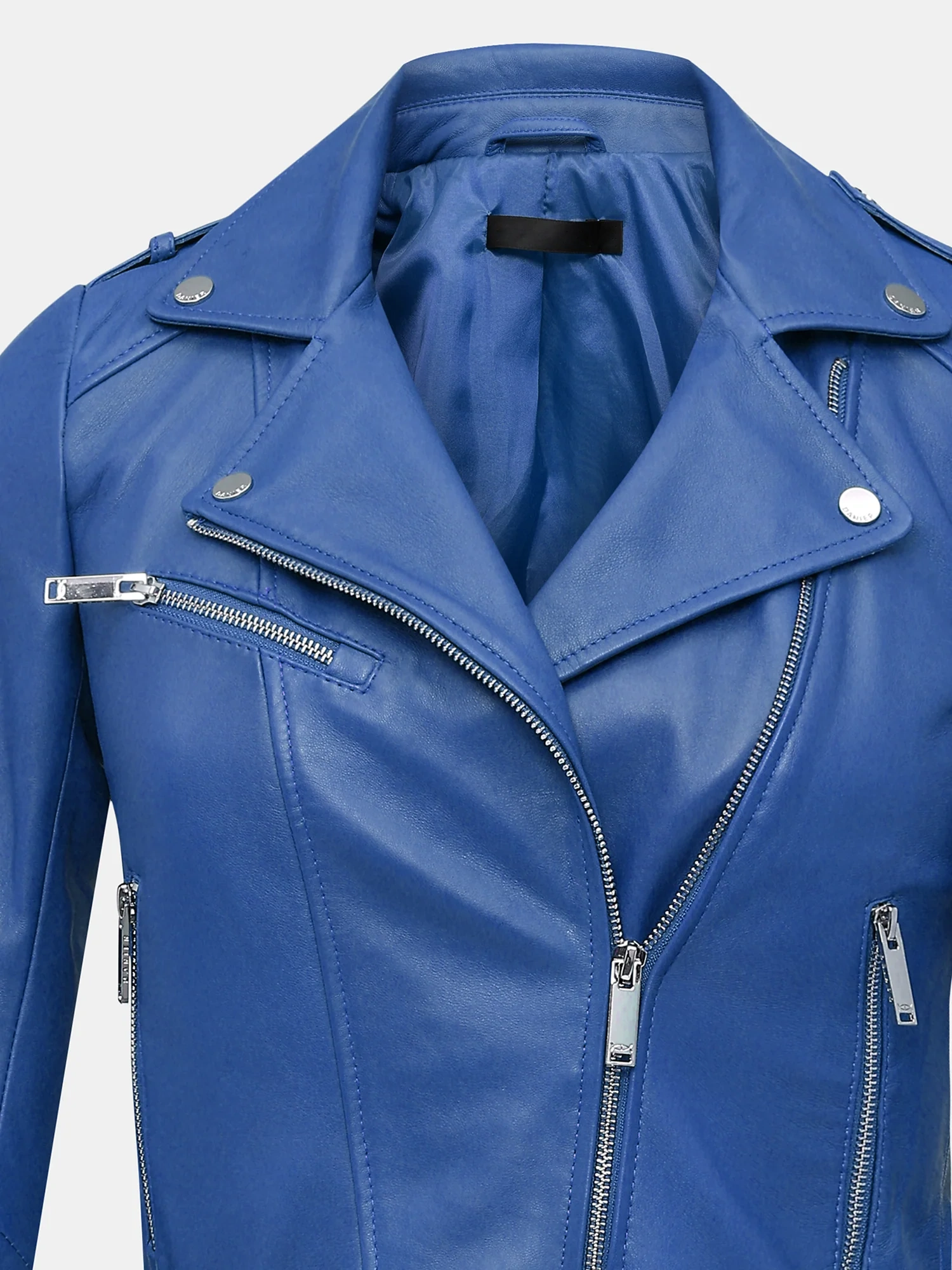 Womens blue leather biker jacket lapel collar