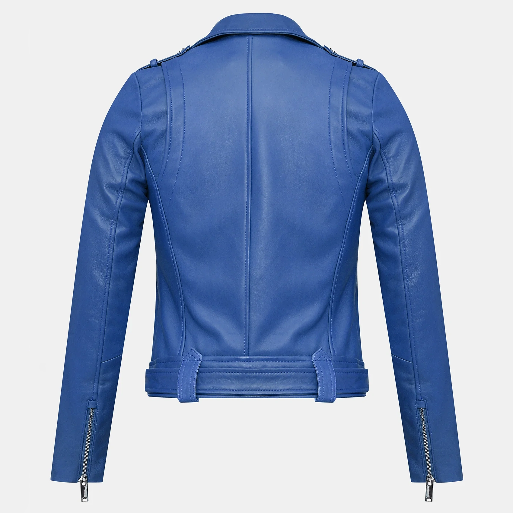 Womens blue leather jacket belted