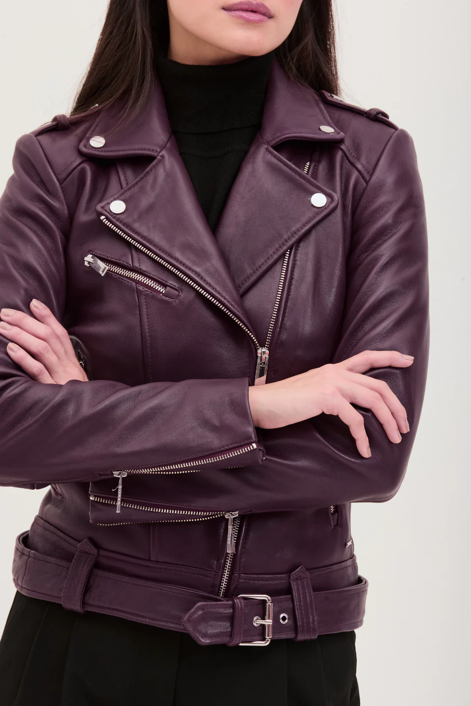 Womens burgundy leather biker jacket lapel collar