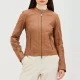 Womens cafe racer caramel leather moto jacket