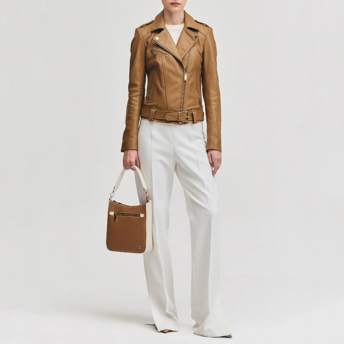 Womens caramel biker jacket full view