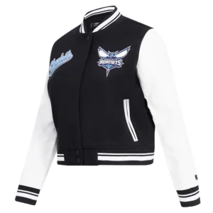 Womens charlotte hornets pro standard script tail wool and leather varsity jacket 1