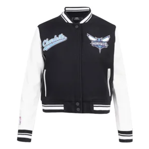 Womens charlotte hornets pro standard script tail wool and leather varsity jacket 2