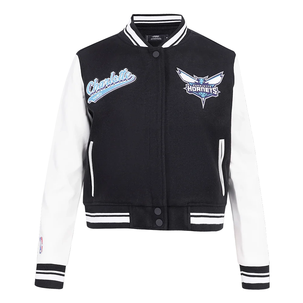 Womens charlotte hornets pro standard script tail wool and leather varsity jacket 2