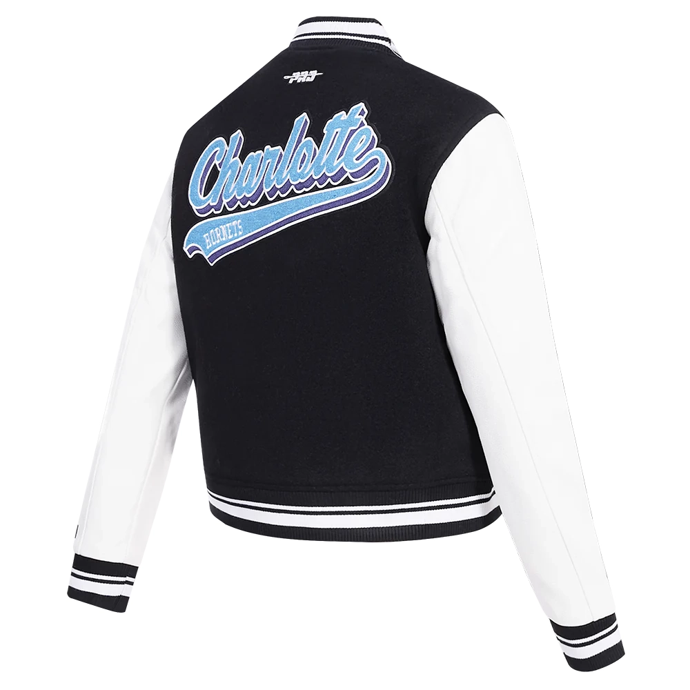 Womens charlotte hornets pro standard script tail wool and leather varsity jacket 3