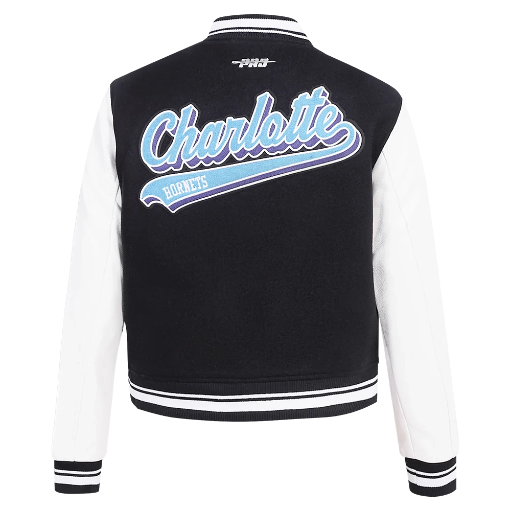 Womens charlotte hornets pro standard script tail wool and leather varsity jacket 4