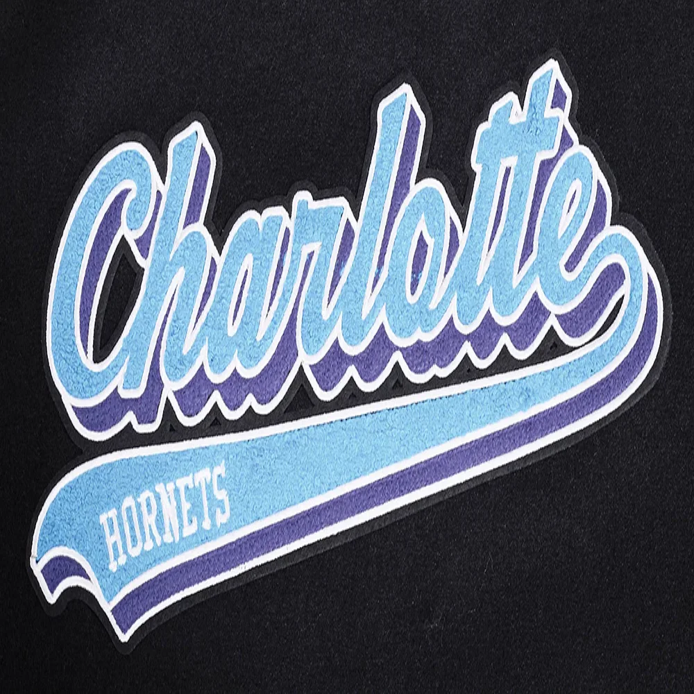 Womens charlotte hornets pro standard script tail wool and leather varsity jacket 5