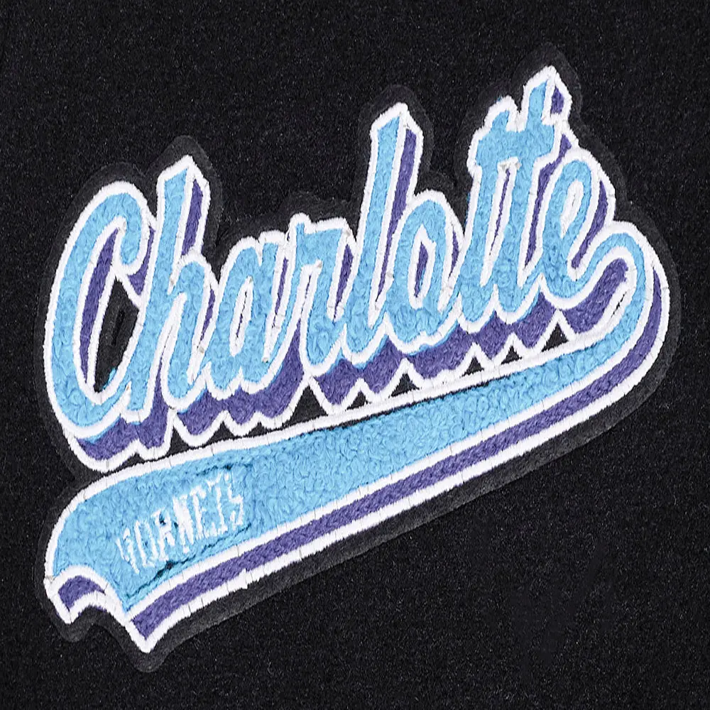 Womens charlotte hornets pro standard script tail wool and leather varsity jacket 7