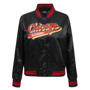 Womens chicago blackhawks script tail satin varsity jacket black 1