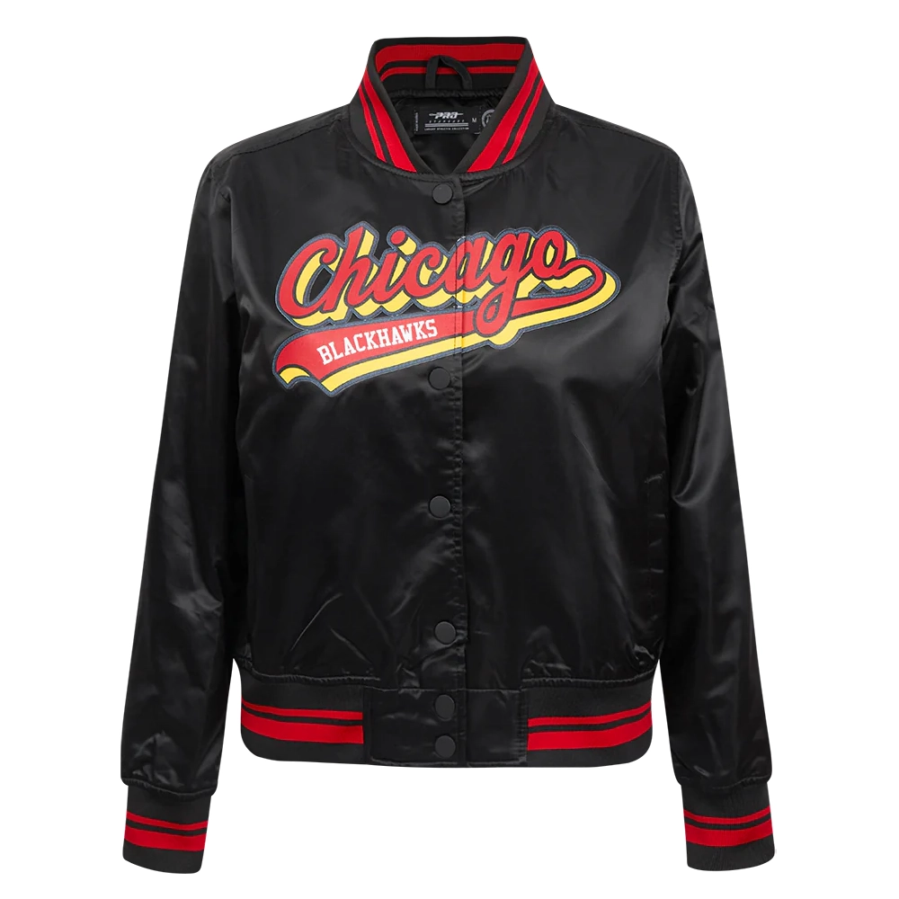 Womens chicago blackhawks script tail satin varsity jacket black 1