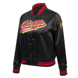 Womens chicago blackhawks script tail satin varsity jacket black 2