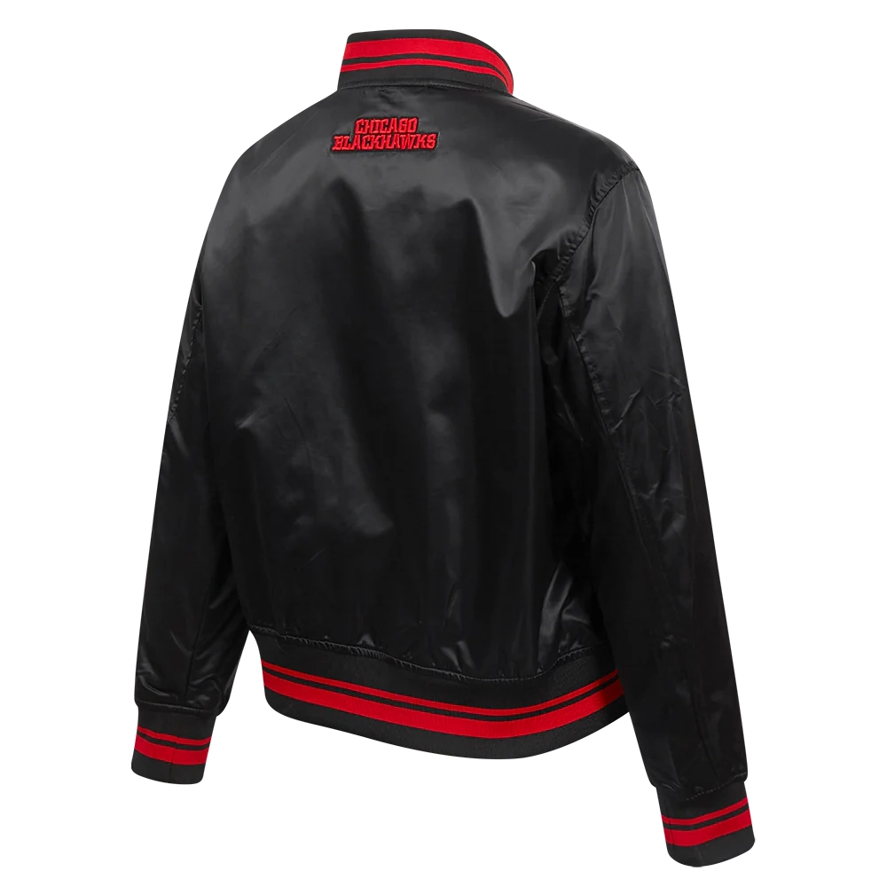 Womens chicago blackhawks script tail satin varsity jacket black 3