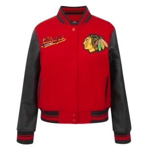 Womens chicago blackhawks script tail wool and leather varsity jacket black red 1