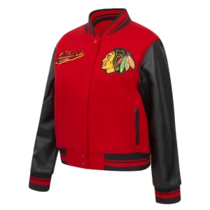 Womens chicago blackhawks script tail wool and leather varsity jacket black red 2