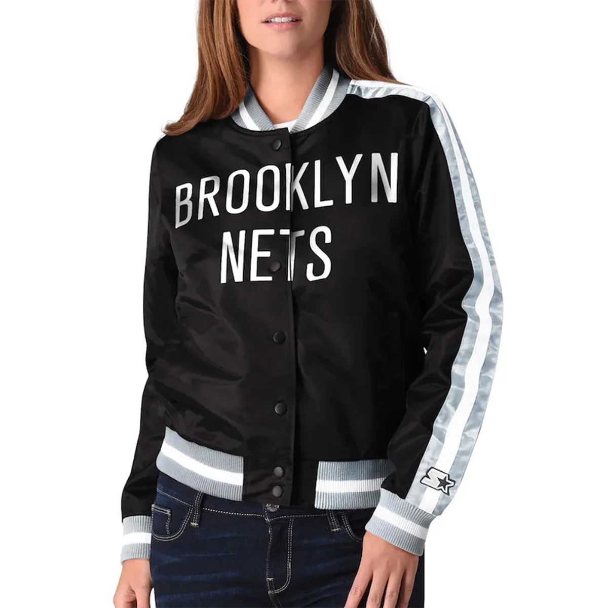 Womens competition brooklyn nets black satin varsity jacket