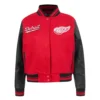 Womens detroit red wings script tail wool leather varsity jacket red