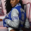 Womens hampton pirates remix full snap wool blue varsity cropped jacket
