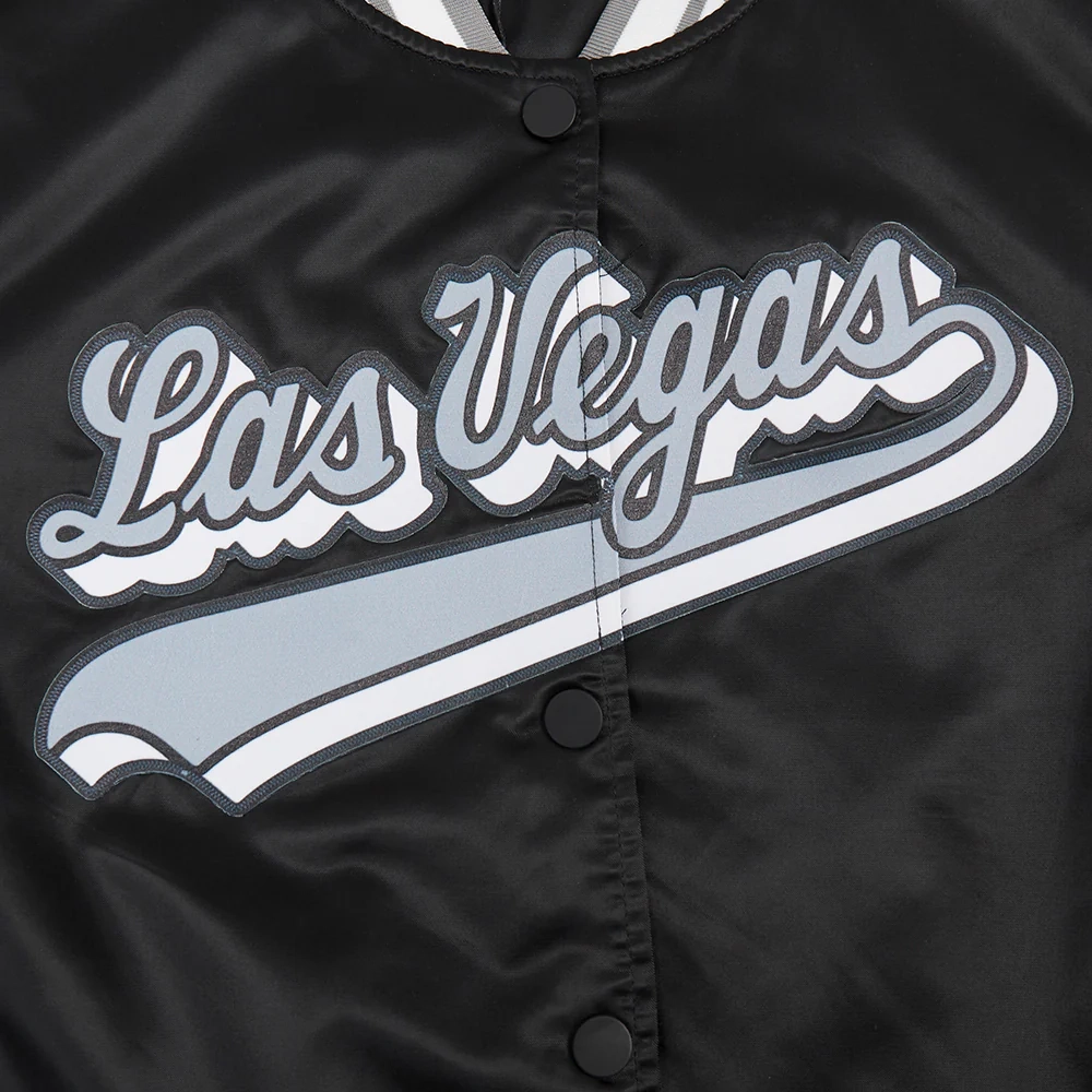 Womens las vegas raiders script tail full snap satin varsity jacket black 1
