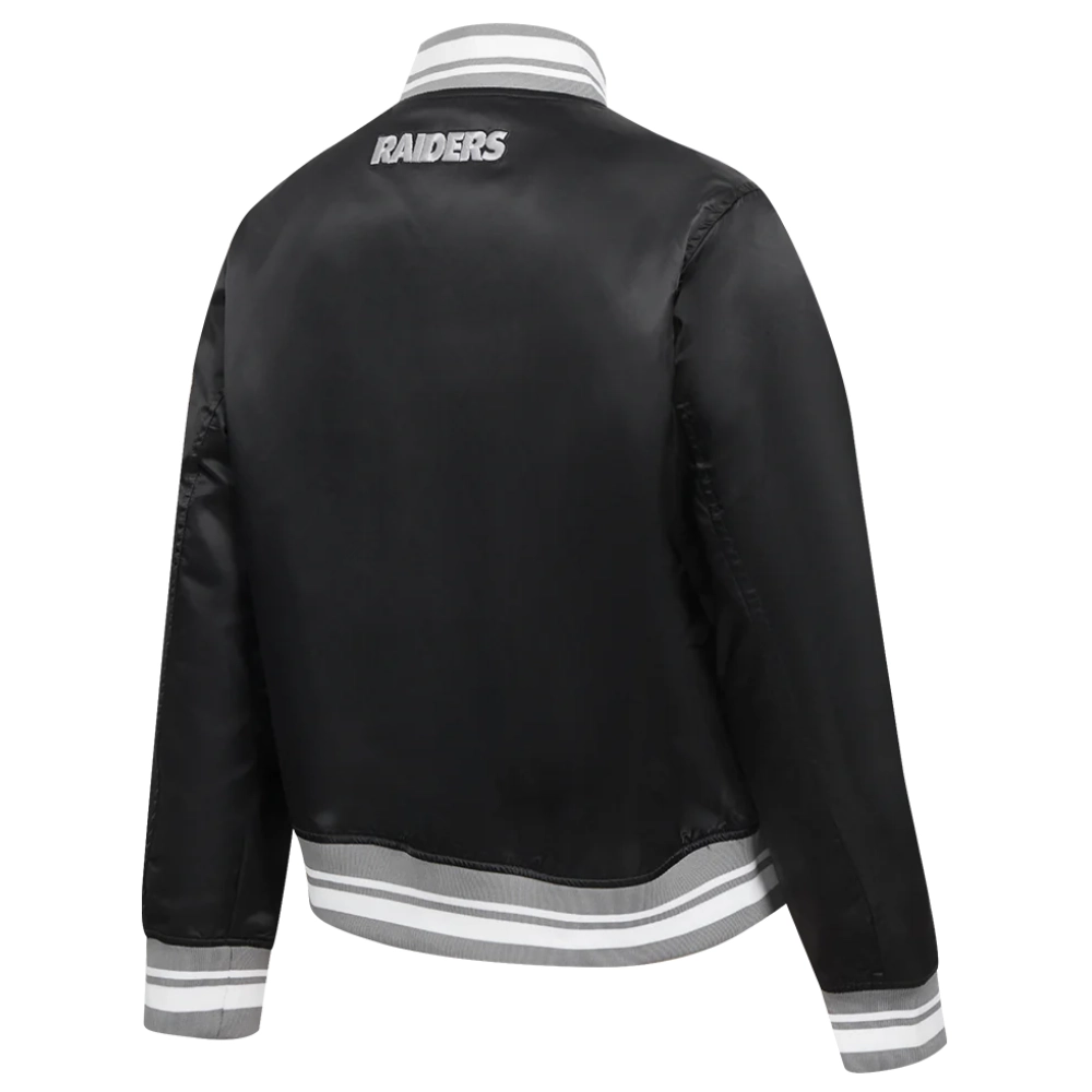 Womens las vegas raiders script tail full snap satin varsity jacket black 2