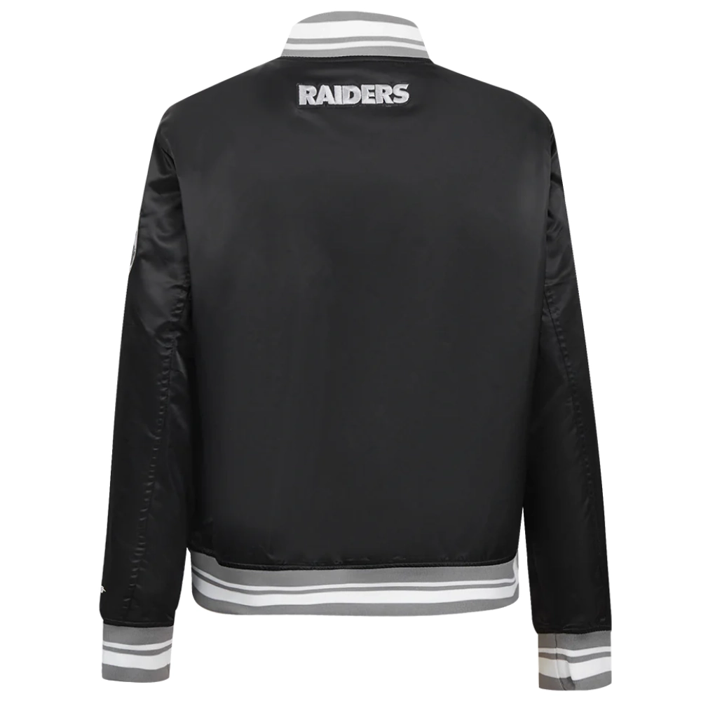 Womens las vegas raiders script tail full snap satin varsity jacket black 3