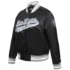 Womens las vegas raiders script tail full snap satin varsity jacket black 4