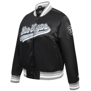 Womens las vegas raiders script tail full snap satin varsity jacket black 4