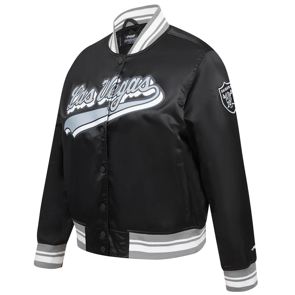Womens las vegas raiders script tail full snap satin varsity jacket black 4