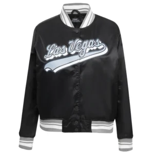 Womens las vegas raiders script tail full snap satin varsity jacket black 5