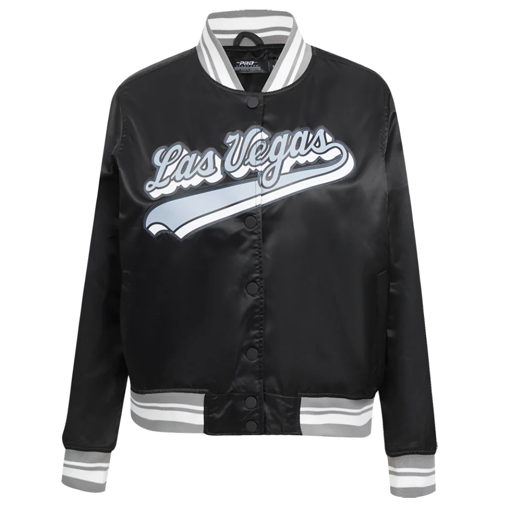 Womens las vegas raiders script tail full snap satin varsity jacket black 5