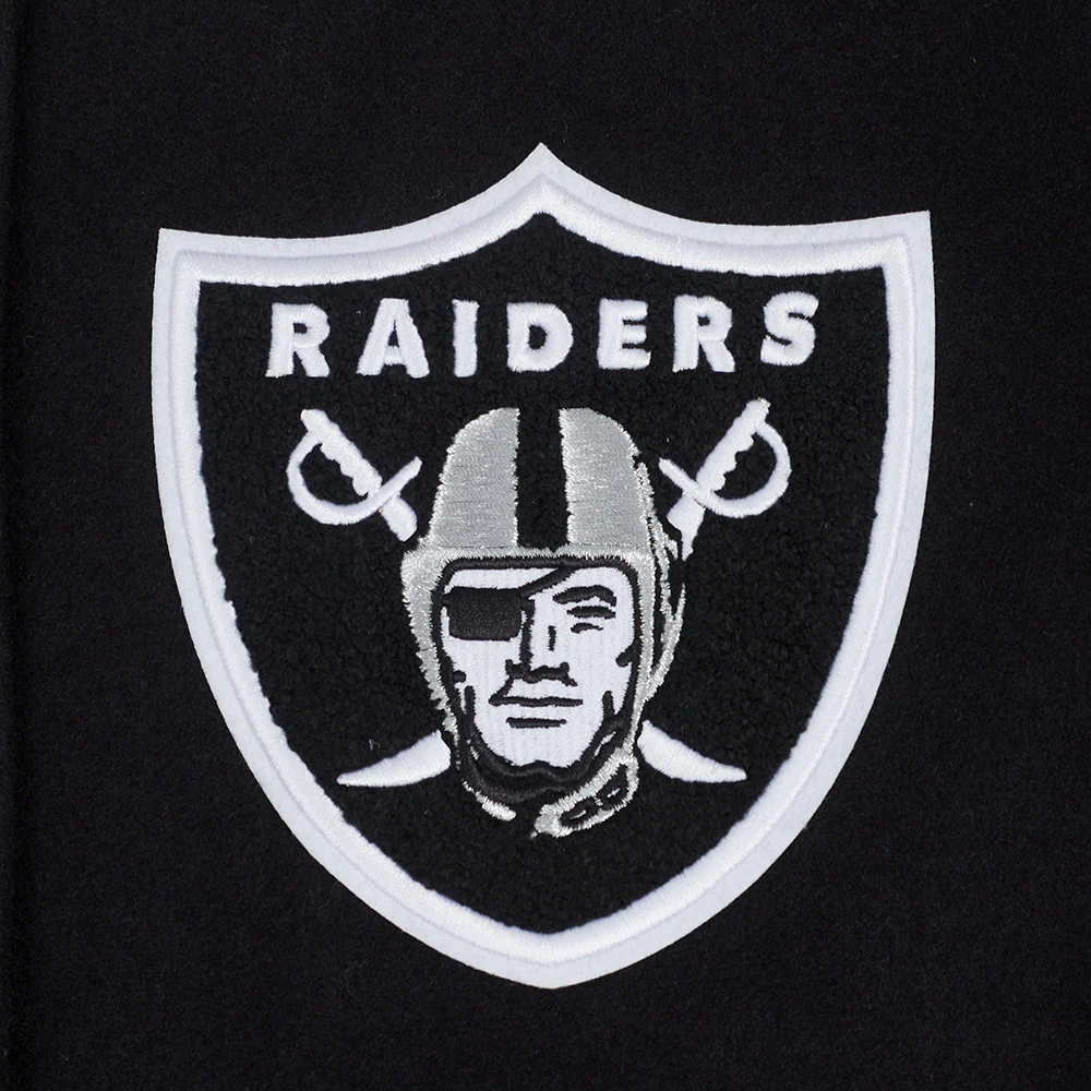 Womens las vegas raiders script tail wool leather varsity jacket black 2