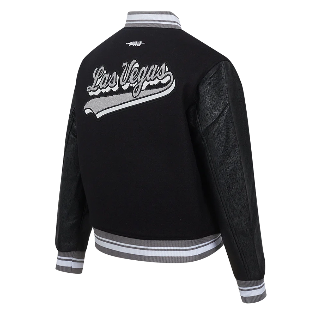 Womens las vegas raiders script tail wool leather varsity jacket black 3