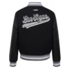 Womens las vegas raiders script tail wool leather varsity jacket black 4
