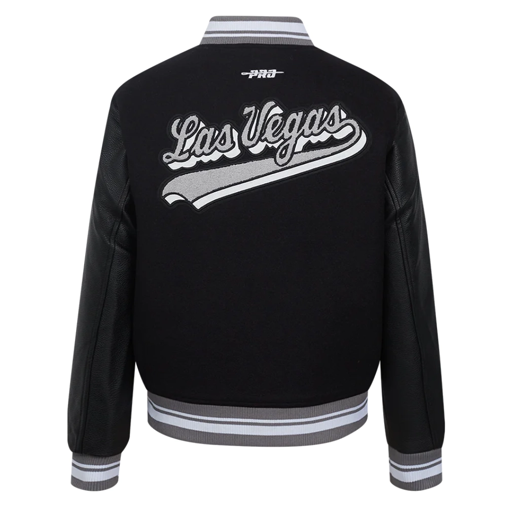 Womens las vegas raiders script tail wool leather varsity jacket black 4