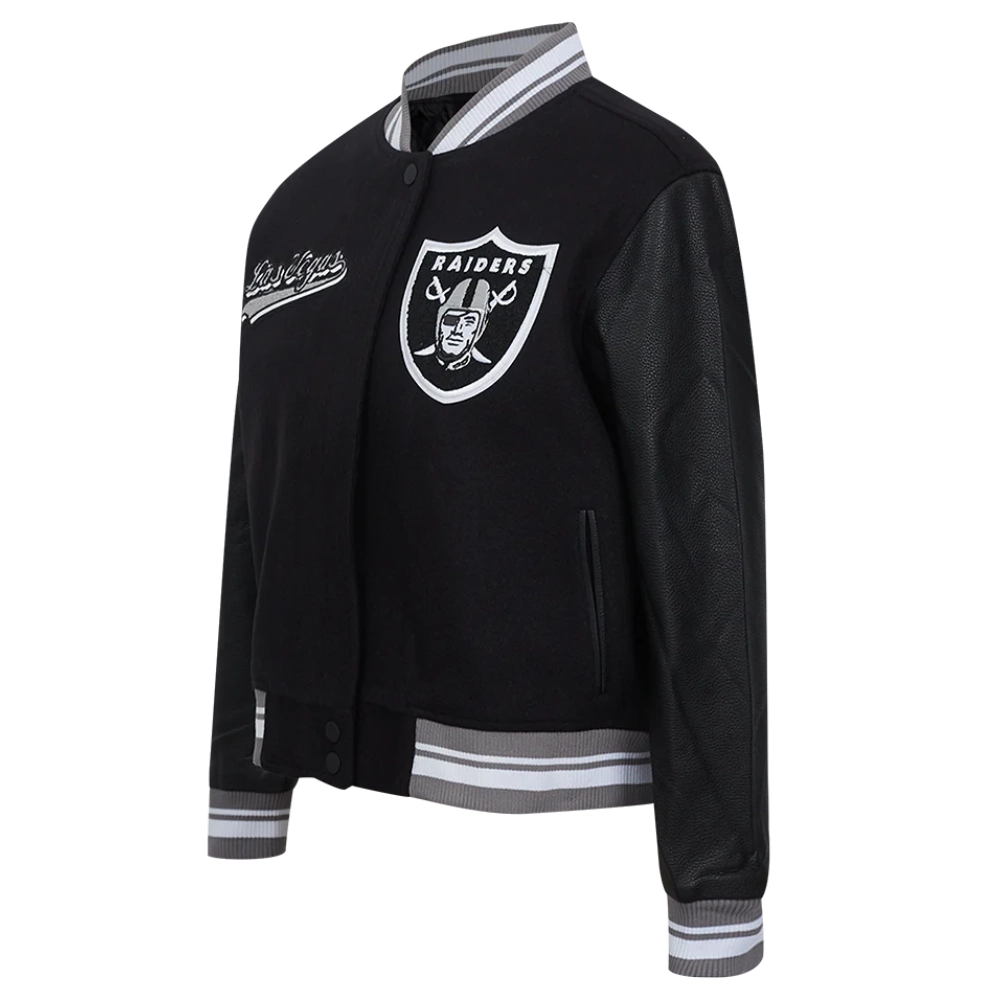 Womens las vegas raiders script tail wool leather varsity jacket black 5
