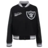Womens las vegas raiders script tail wool leather varsity jacket black 6