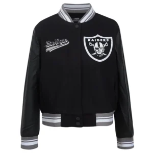 Womens las vegas raiders script tail wool leather varsity jacket black 6