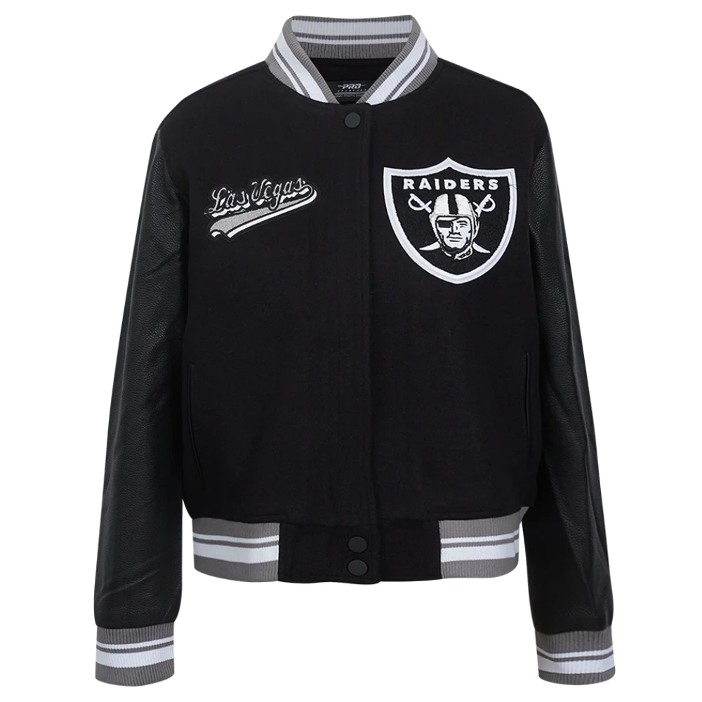 Womens las vegas raiders script tail wool leather varsity jacket black 6