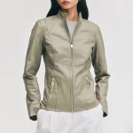 Women's Minimalist Olive Leather Moto Jacket